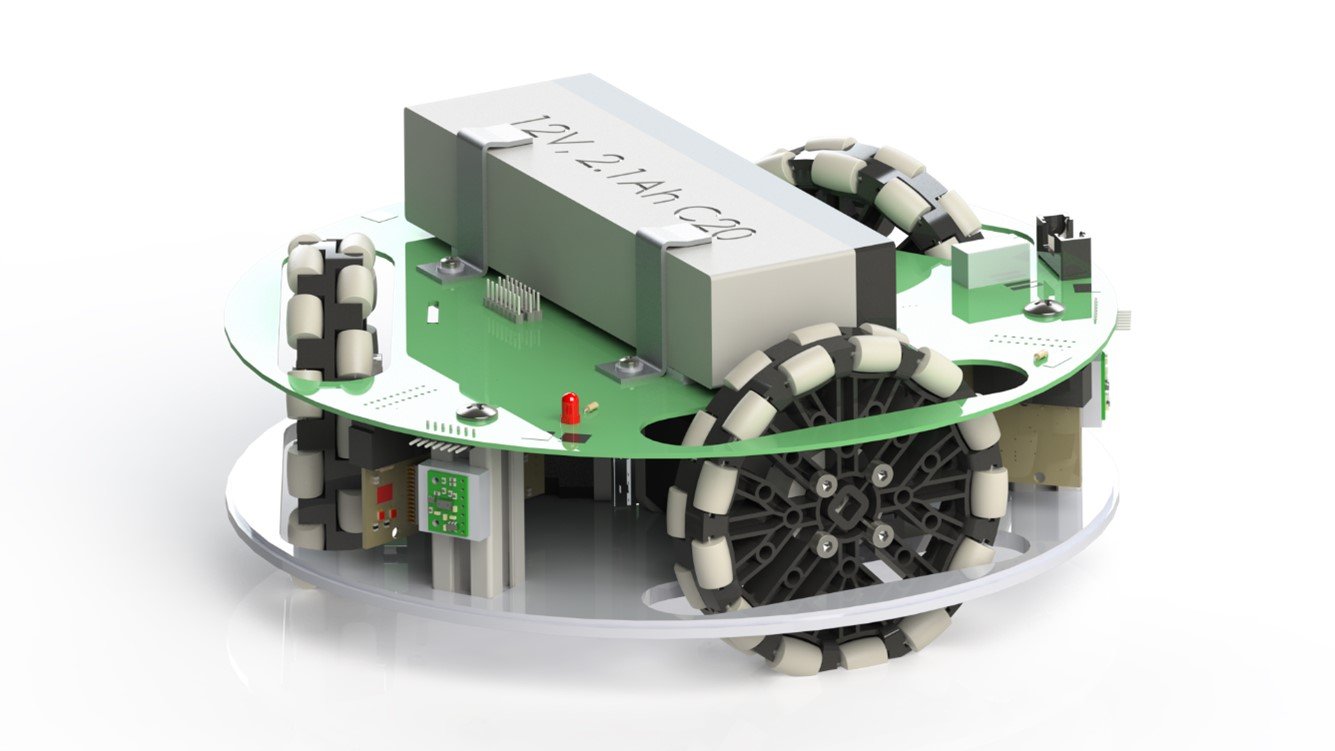Rendu 3D de la base robotique holonome, avec ses roues omnidirectionnelles et sa batterie 12 V